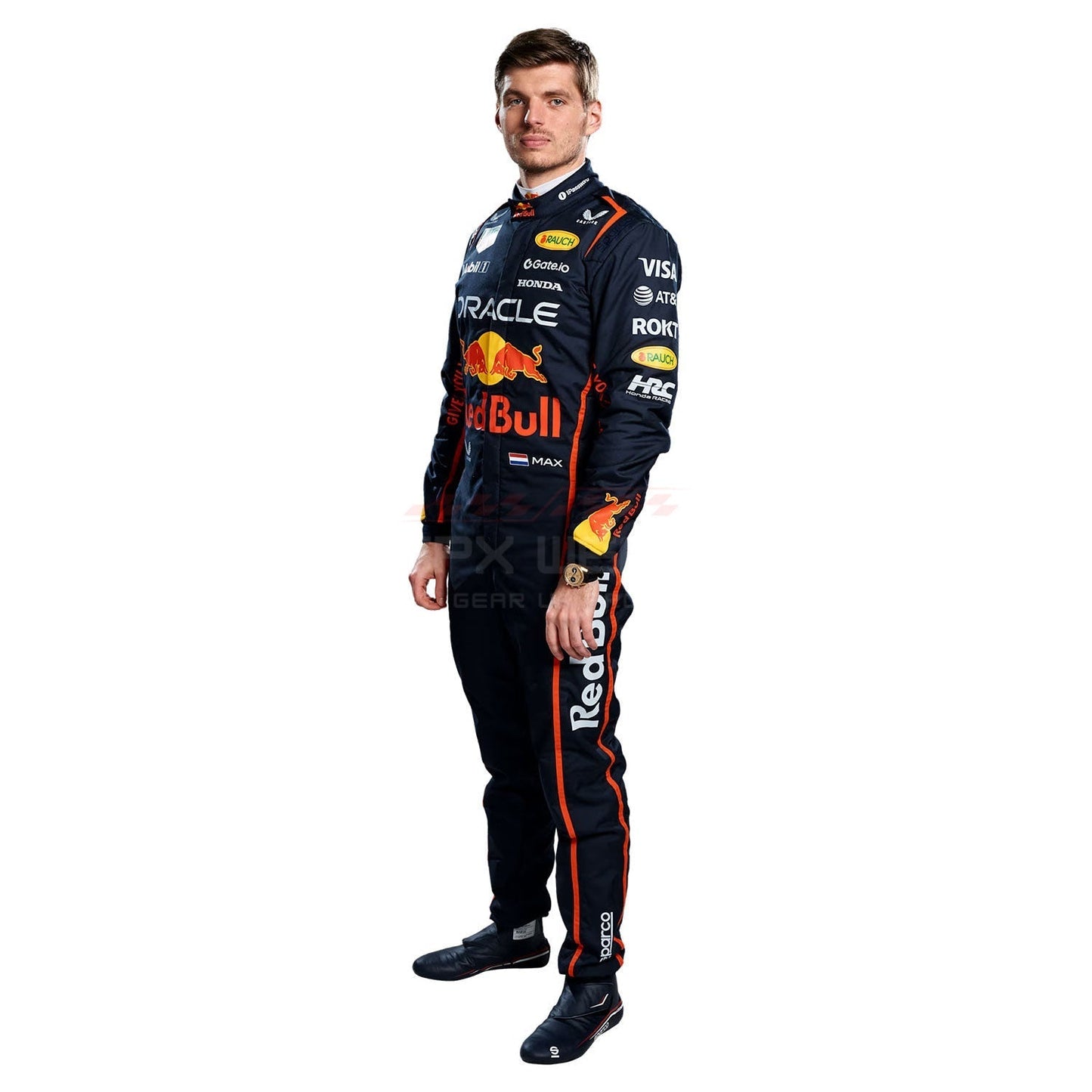 Max Verstappen wearing a navy blue 2025 Red Bull F1 racing suit - GPX WEAR