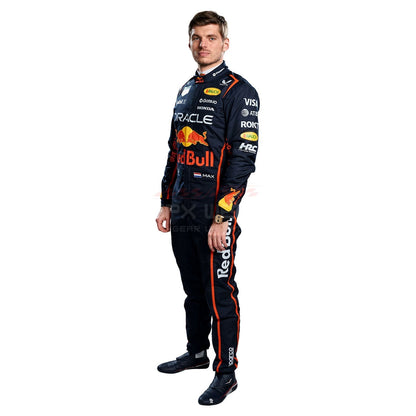 Max Verstappen wearing a navy blue 2025 Red Bull F1 racing suit - GPX WEAR