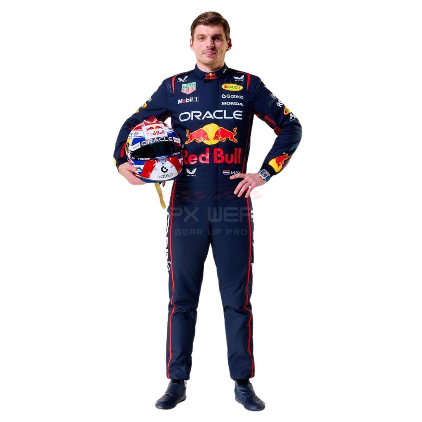 Max Verstappen wearing a navy blue 2025 Red Bull F1 racing suit holding a helmet - GPX WEAR