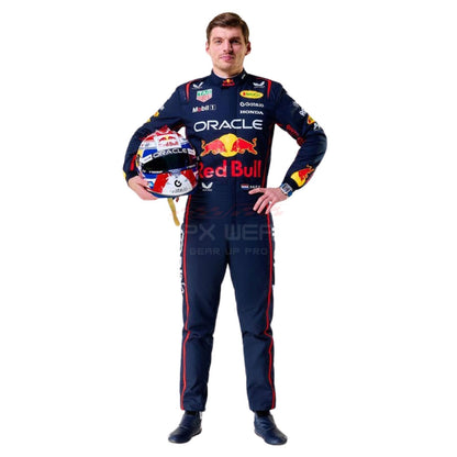 Max Verstappen wearing a navy blue 2025 Red Bull F1 racing suit holding a helmet - GPX WEAR