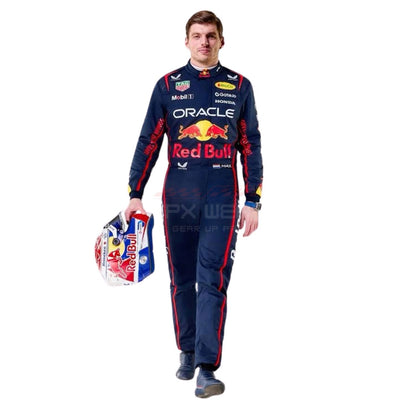 Max Verstappen wearing a navy blue 2025 Red Bull F1 racing suit - GPX WEAR