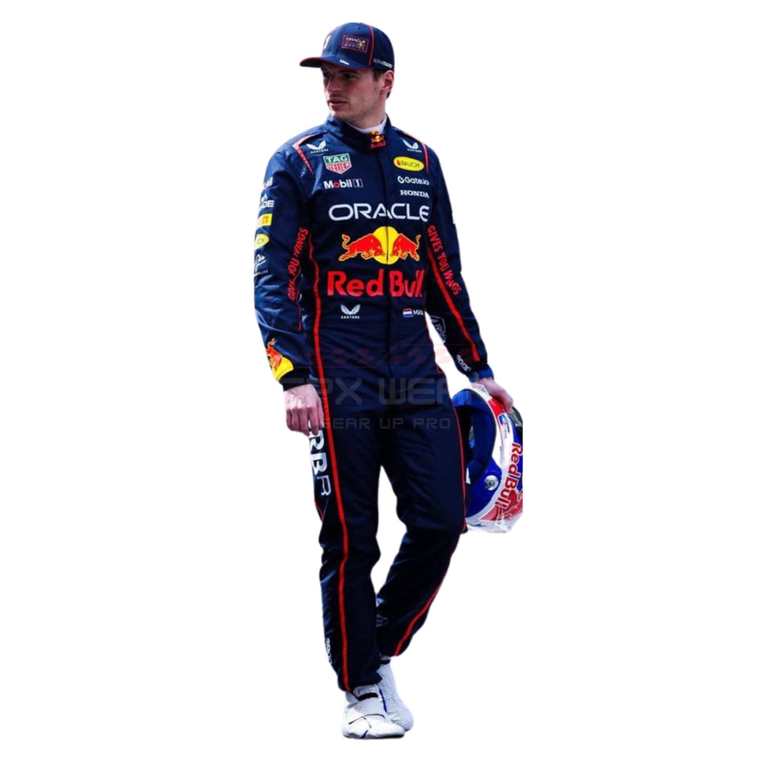 Max Verstappen wearing a navy blue 2025 Red Bull F1 racing suit - GPX WEAR