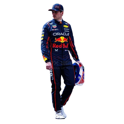 Max Verstappen wearing a navy blue 2025 Red Bull F1 racing suit - GPX WEAR