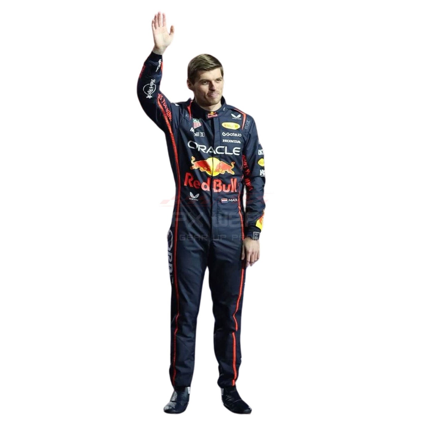 Max Verstappen wearing a navy blue 2025 Red Bull F1 racing suit - GPX WEAR