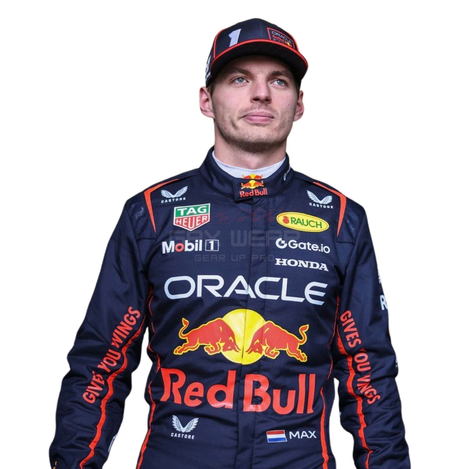 Max Verstappen wearing a navy blue 2025 Red Bull F1 racing suit - GPX WEAR