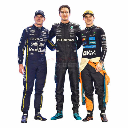 Three Formula 1 drivers, Max Verstappen, George Russell, and Oscar Piastri, in 2025 Las Vegas GP racing suits with various sponsor logos - GPX WEAR