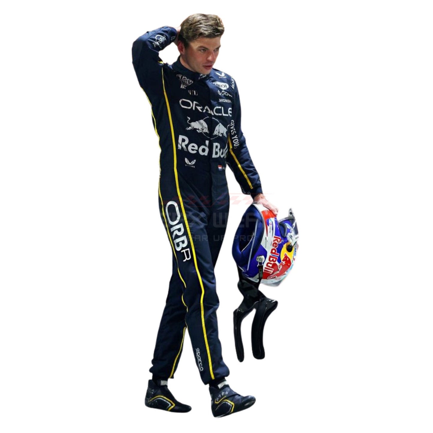 Max Verstappen wearing a black 2025 Red Bull Las Vegas GP F1 racing suit holding a helmet with Oracle and Red Bull branding - GPX WEAR