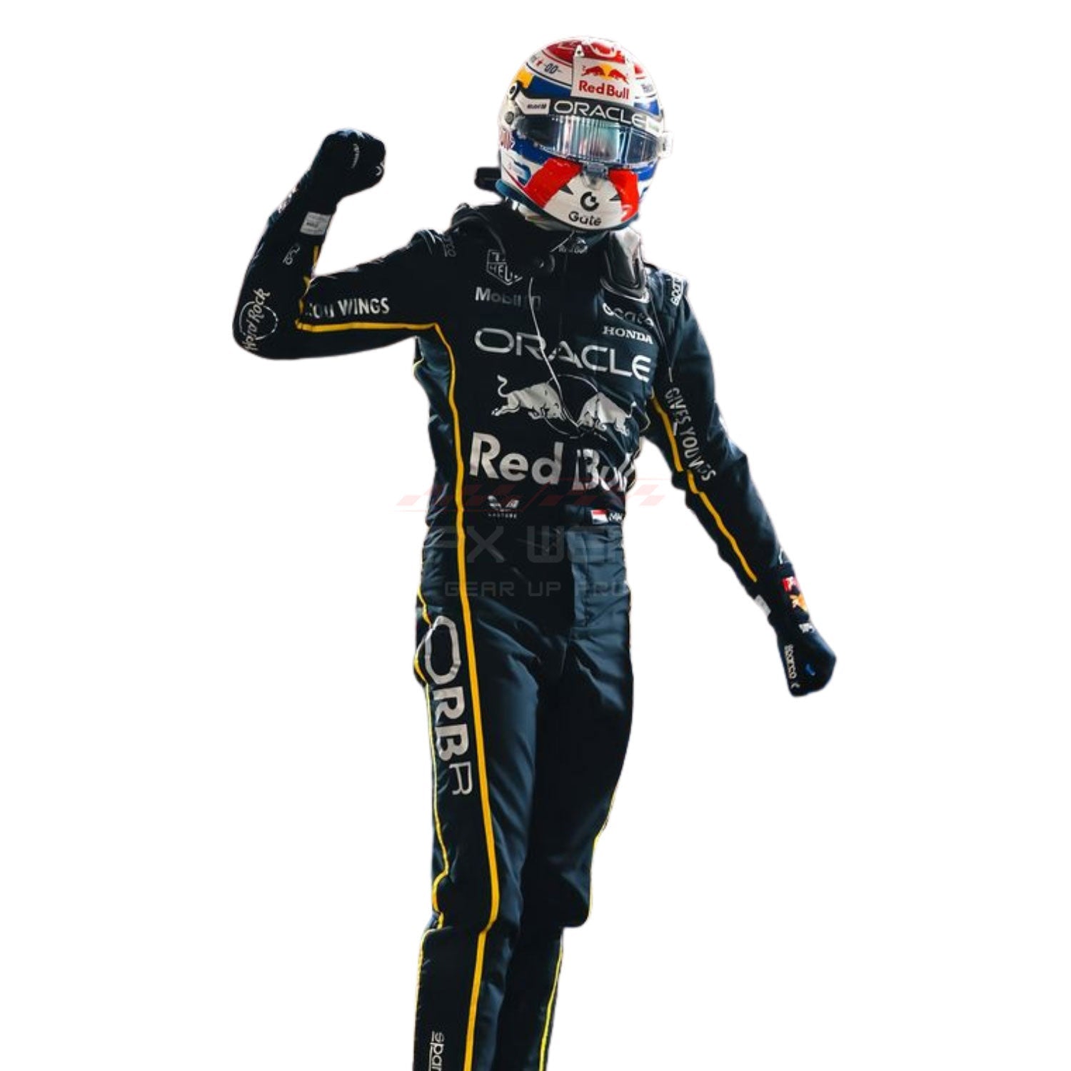 Max Verstappen wearing a black 2025 Red Bull Las Vegas GP F1 racing suit and helmet with visible branding  - GPX WEAR