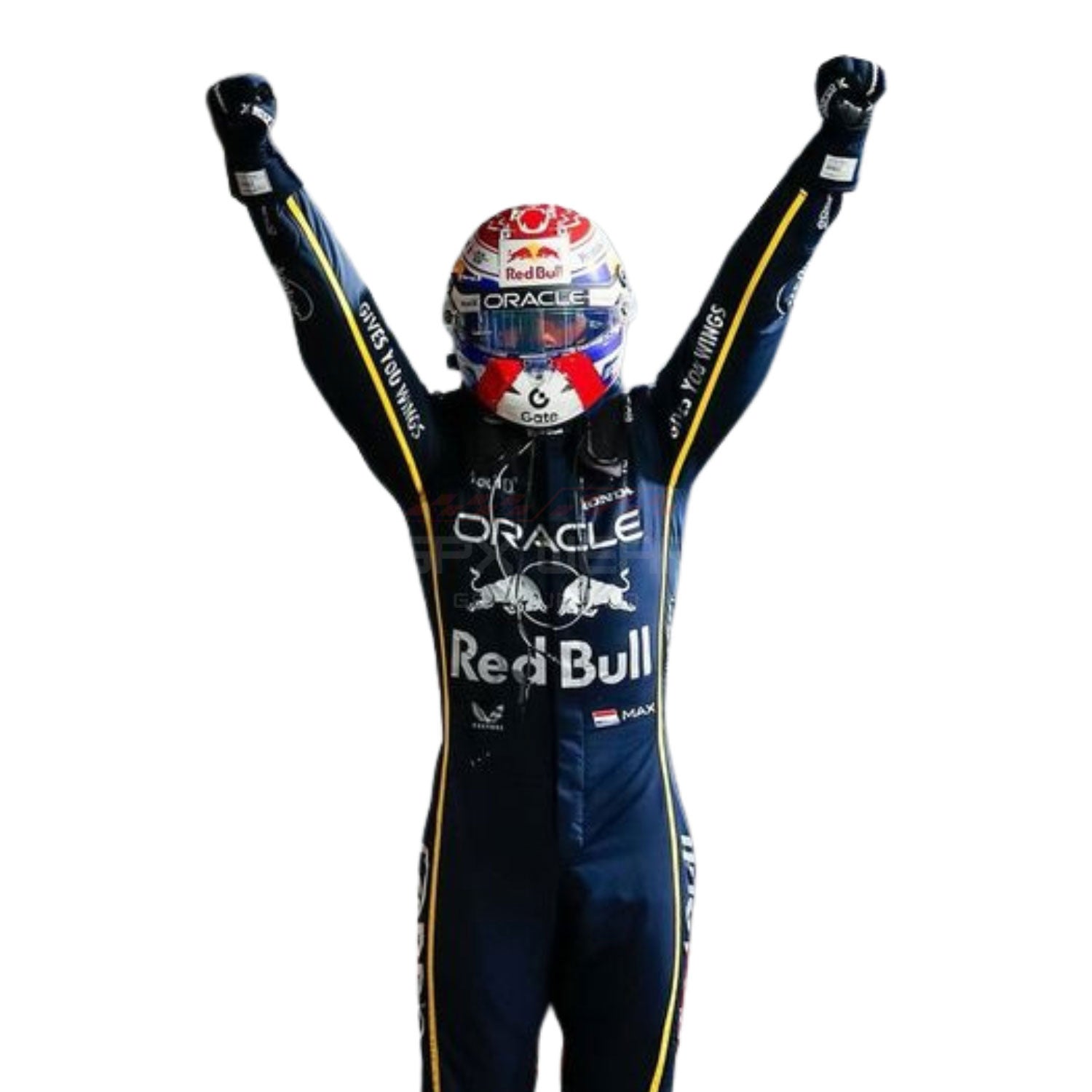 Max Verstappen wearing a black 2025 Red Bull Las Vegas GP F1 racing suit Red Bull and Oracle branding, celebrating with arms raised - GPX WEAR