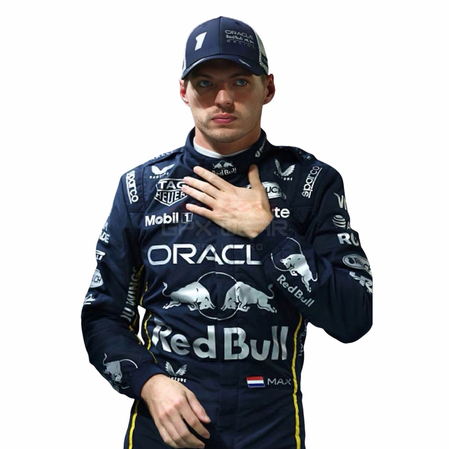 Max Verstappen wearing a black 2025 Red Bull Las Vegas GP F1 racing suit with visible branding - GPX WEAR