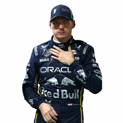 Max Verstappen wearing a black 2025 Red Bull Las Vegas GP F1 racing suit with visible branding - GPX WEAR