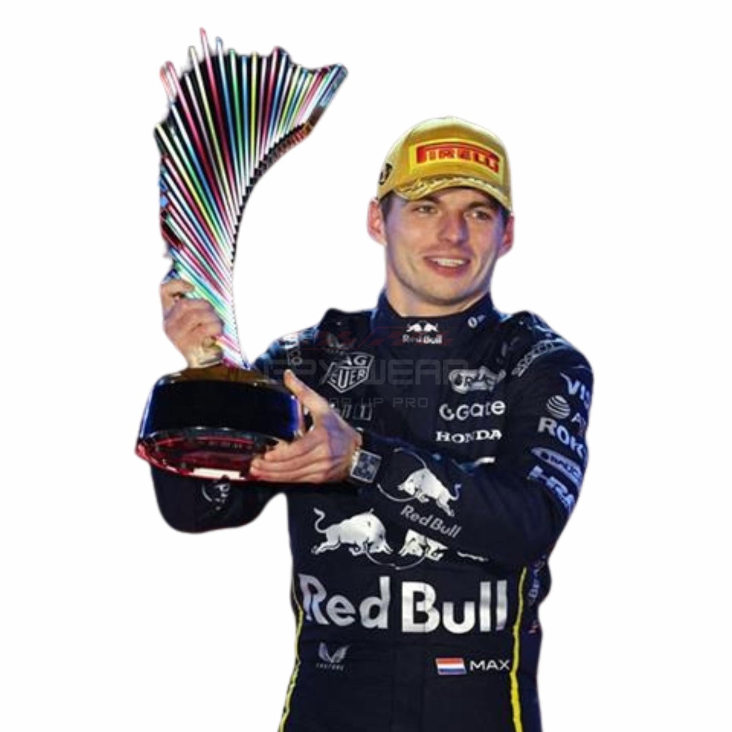 Max Verstappen wearing a black 2025 Red Bull Las Vegas GP F1 racing suit holding a trophy with colorful ribbons - GPX WEAR