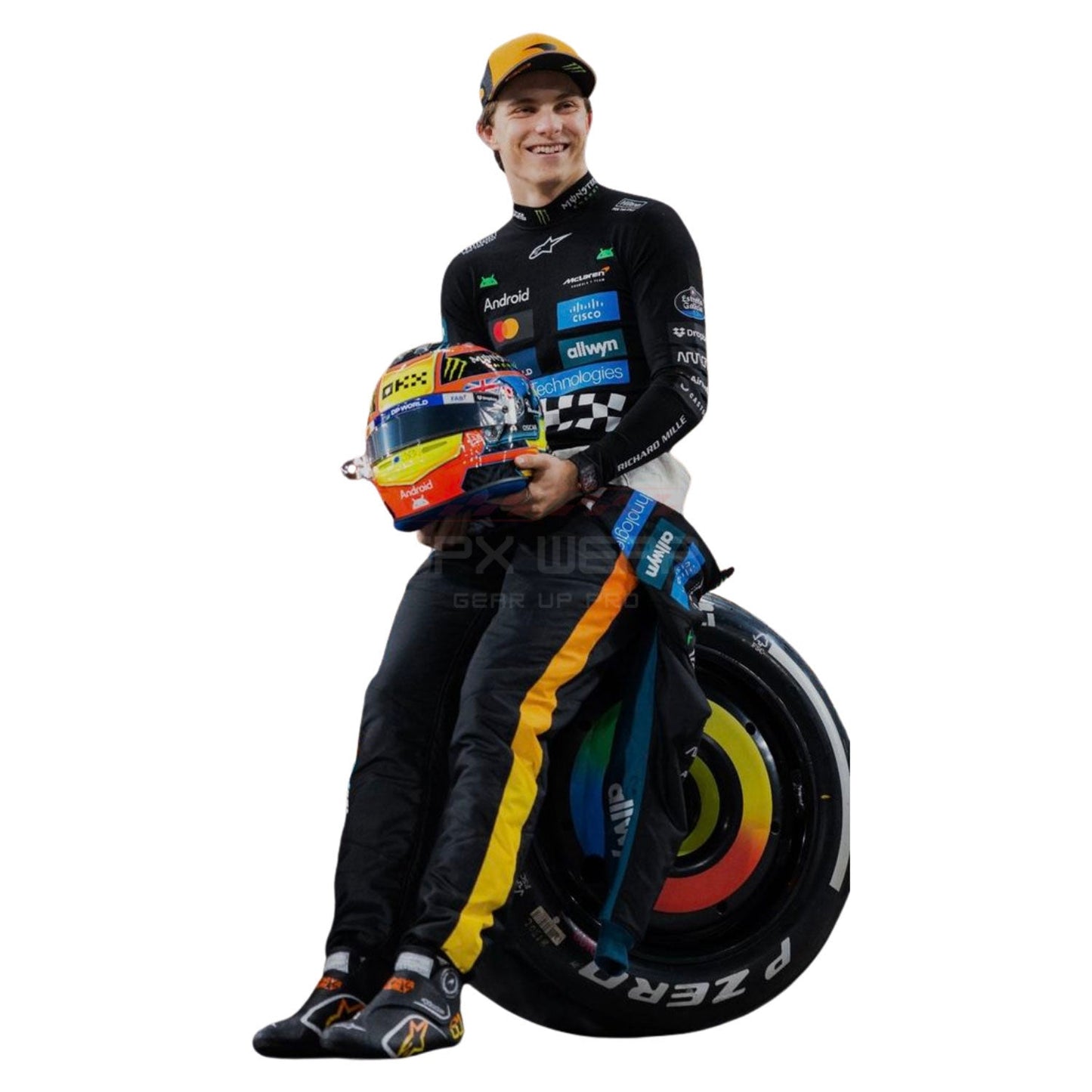 2025 Oscar Piastri Abu Dhabi GP F1 Racing Suit  holding a helmet next to a racing tire on a white background