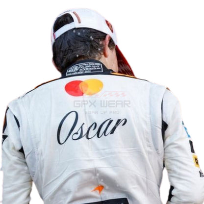2025 Oscar Piastri Monaco GP F1 Racing Suit with 'GPX Wear' and 'Mastercard' logos on a white background