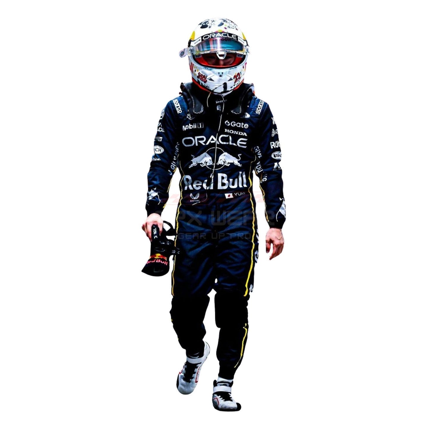 Yuki Tsunoda wearing a black 2025 Red Bull Las Vegas GP F1 racing suit and helmet with various sponsor logos - GPX WEAR