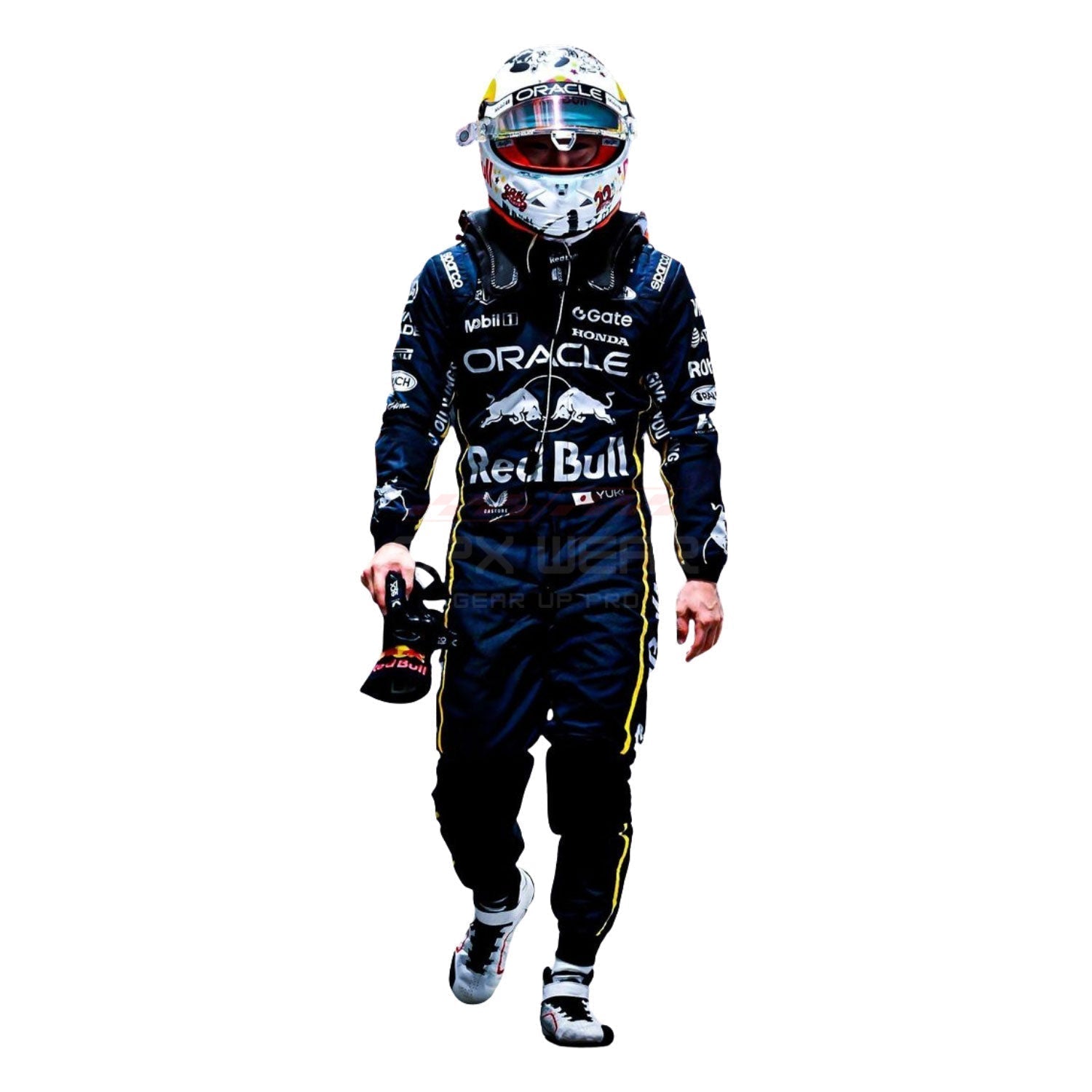 Yuki Tsunoda wearing a black 2025 Red Bull Las Vegas GP F1 racing suit and helmet with various sponsor logos - GPX WEAR