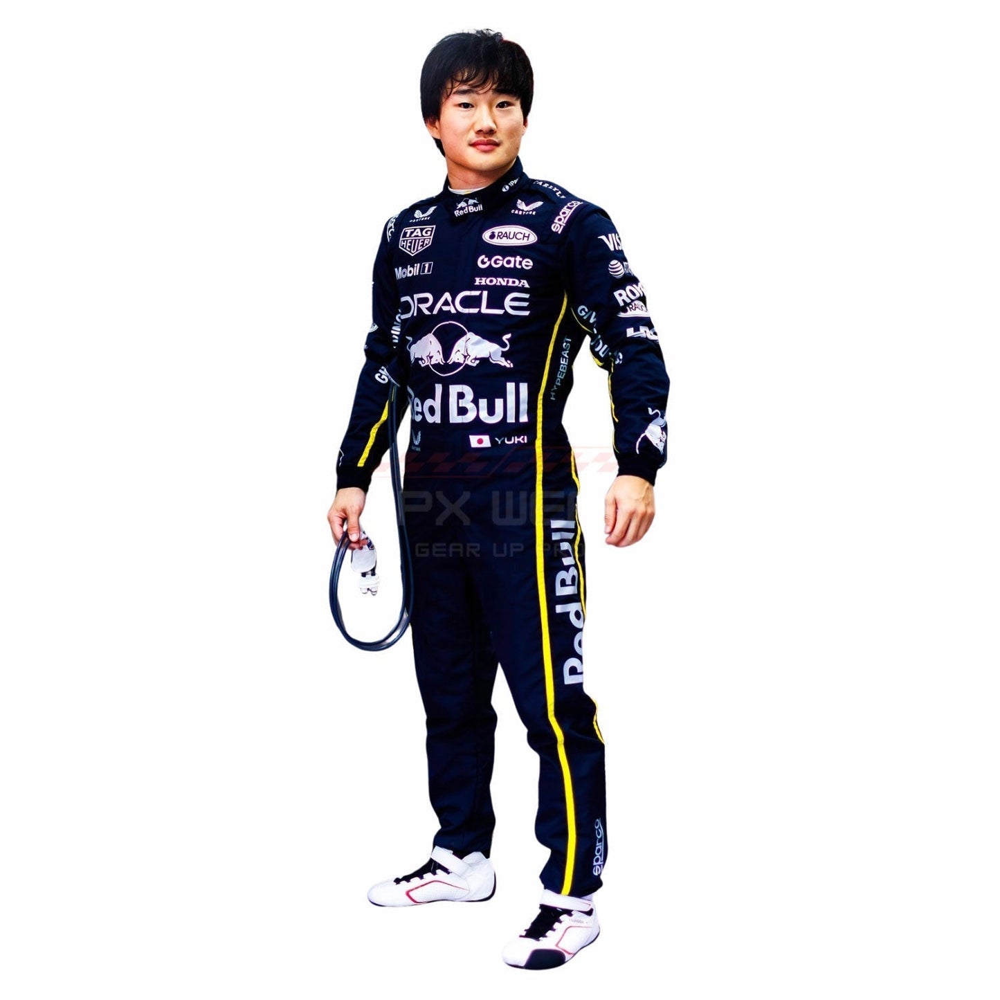 Yuki Tsunoda wearing a black 2025 Red Bull Las Vegas GP F1 racing suit with various sponsor logos - GPX WEAR