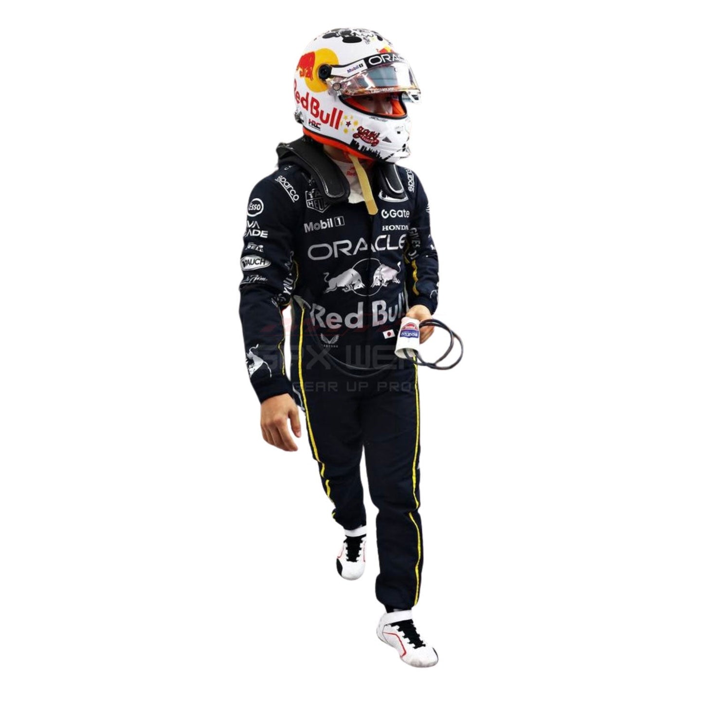 Yuki Tsunoda wearing a black 2025 Red Bull Las Vegas GP Formula 1 racing suit and helmet with visible branding  - GPX WEAR