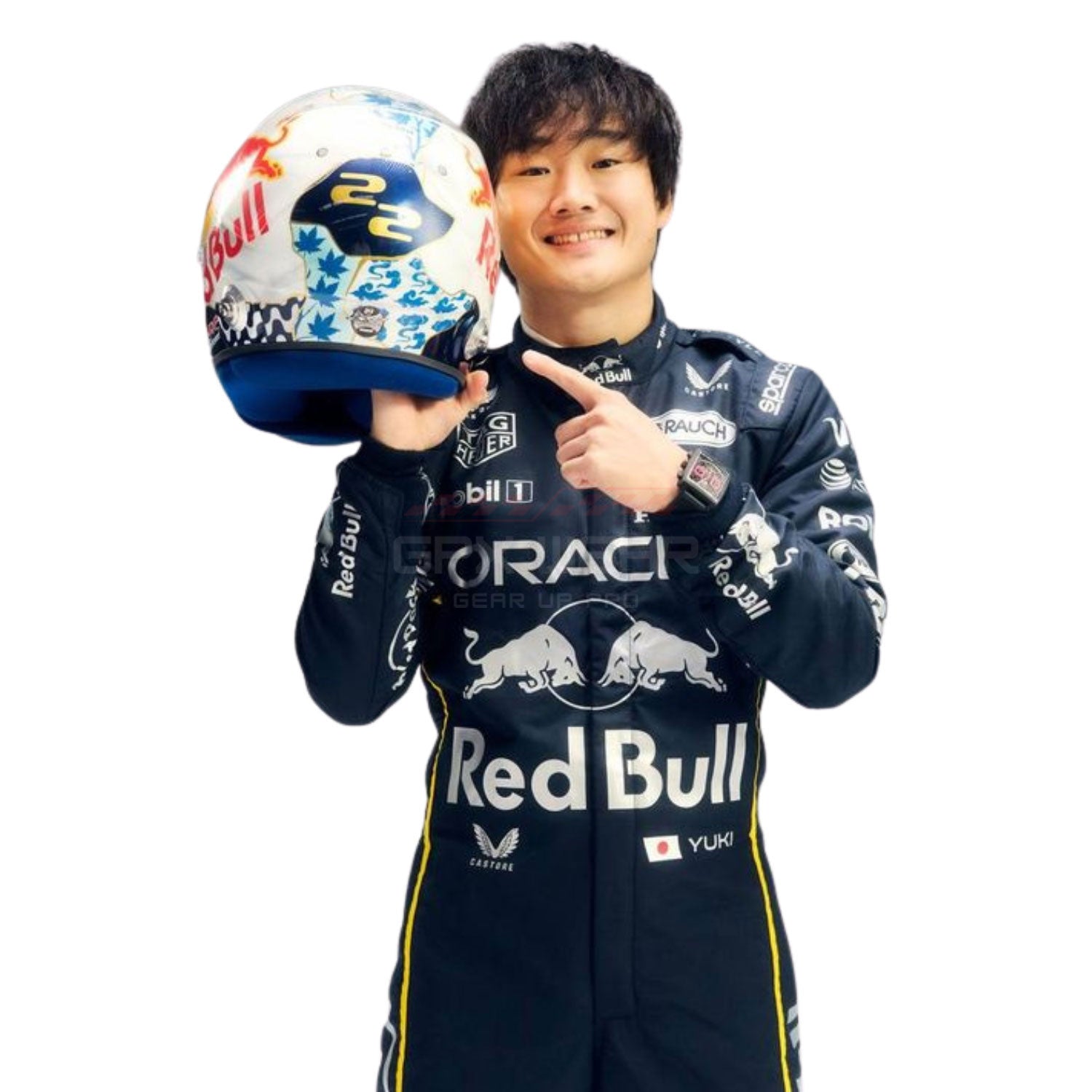 Yuki Tsunoda wearing a black 2025 Red Bull Las Vegas GP F1 racing suit, holding a helmet with Red Bull branding - GPX WEAR