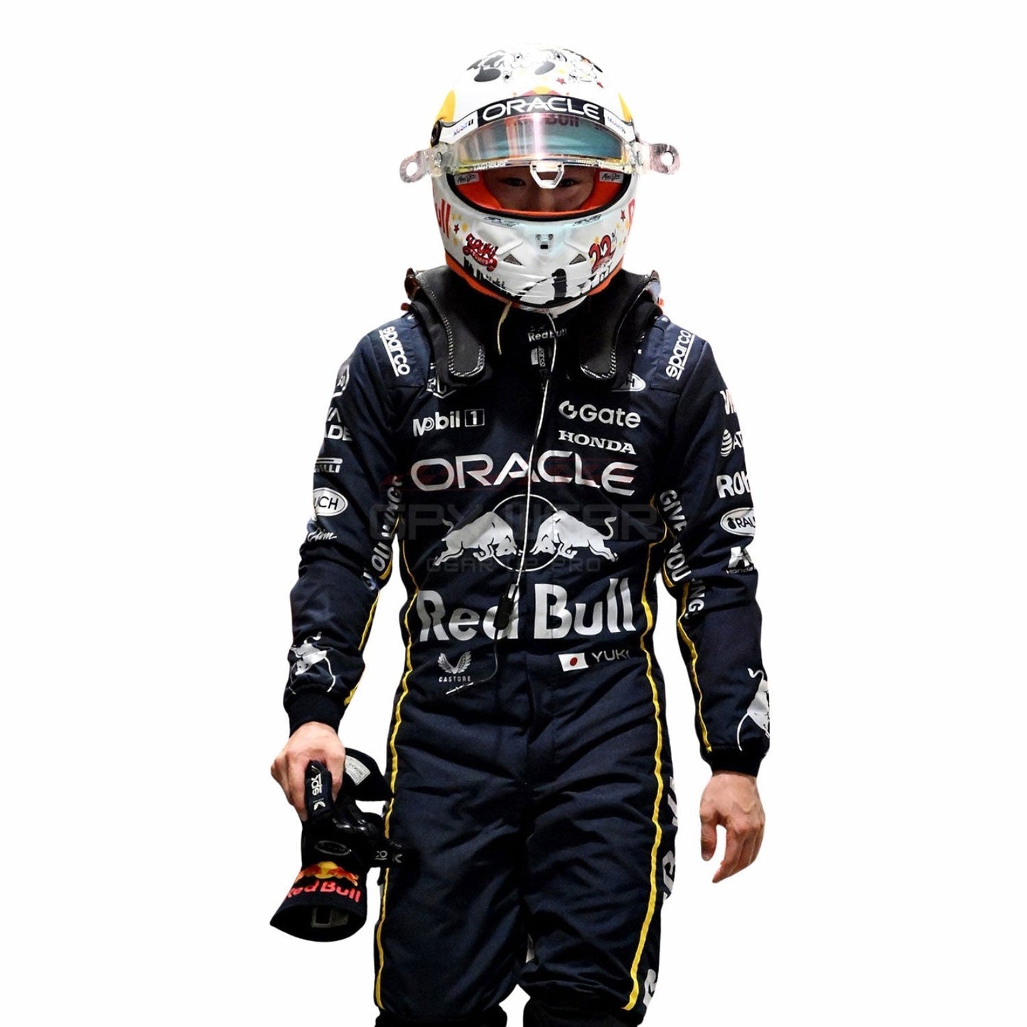 Yuki Tsunoda wearing a black 2025 Red Bull Las Vegas GP F1 racing suit and helmet with Oracle and Red Bull branding - GPX WEAR