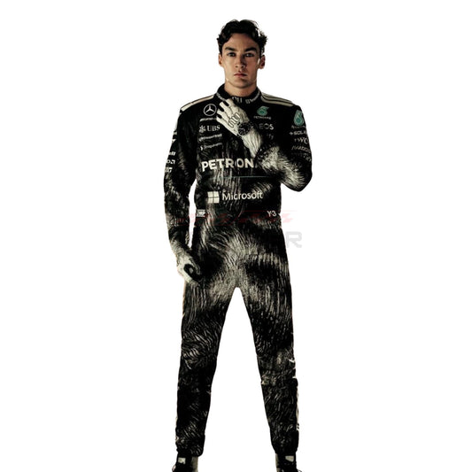 A full-body studio photo of a George Russell wearing a black and white patterned racing suit with visible sponsor logos including Petronas, Microsoft, and Mercedes-Benz, against a plain white background.