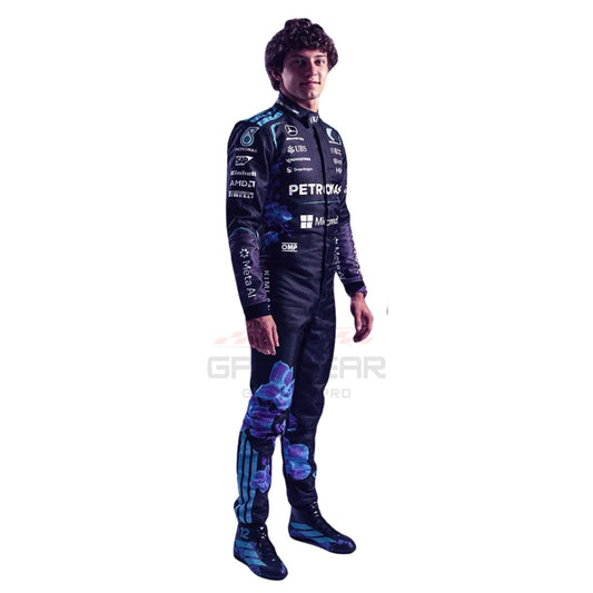 A Andrea Kimi Antonelli modeling a purple Mercedes racing suit with white sponsor logos, paired with bright racing shoes, against a plain white background.