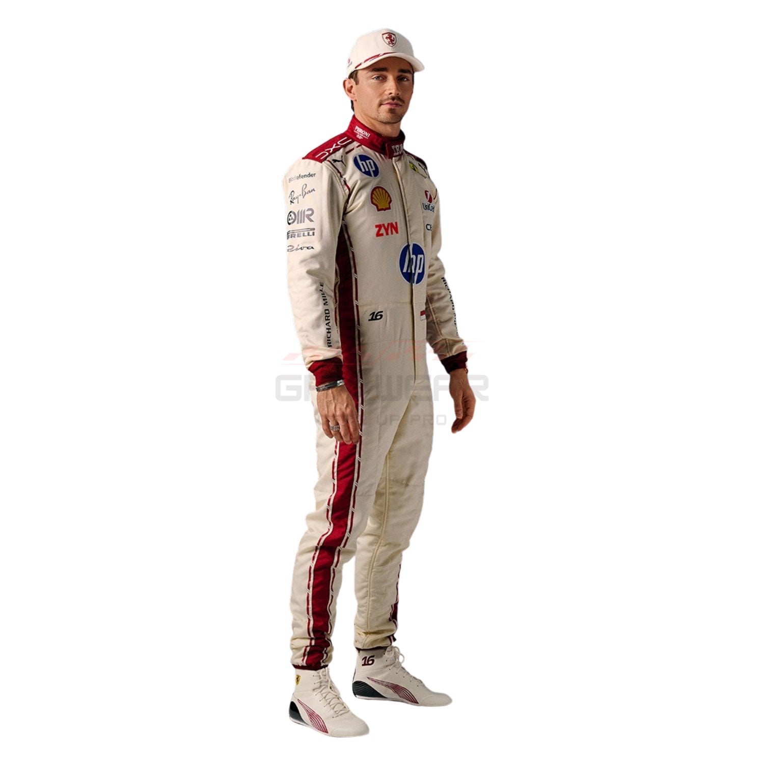 Charles Leclerc 2026 Ferrari Monaco GP wearing F1 racing suit with various sponsor logos - GPX WEAR
