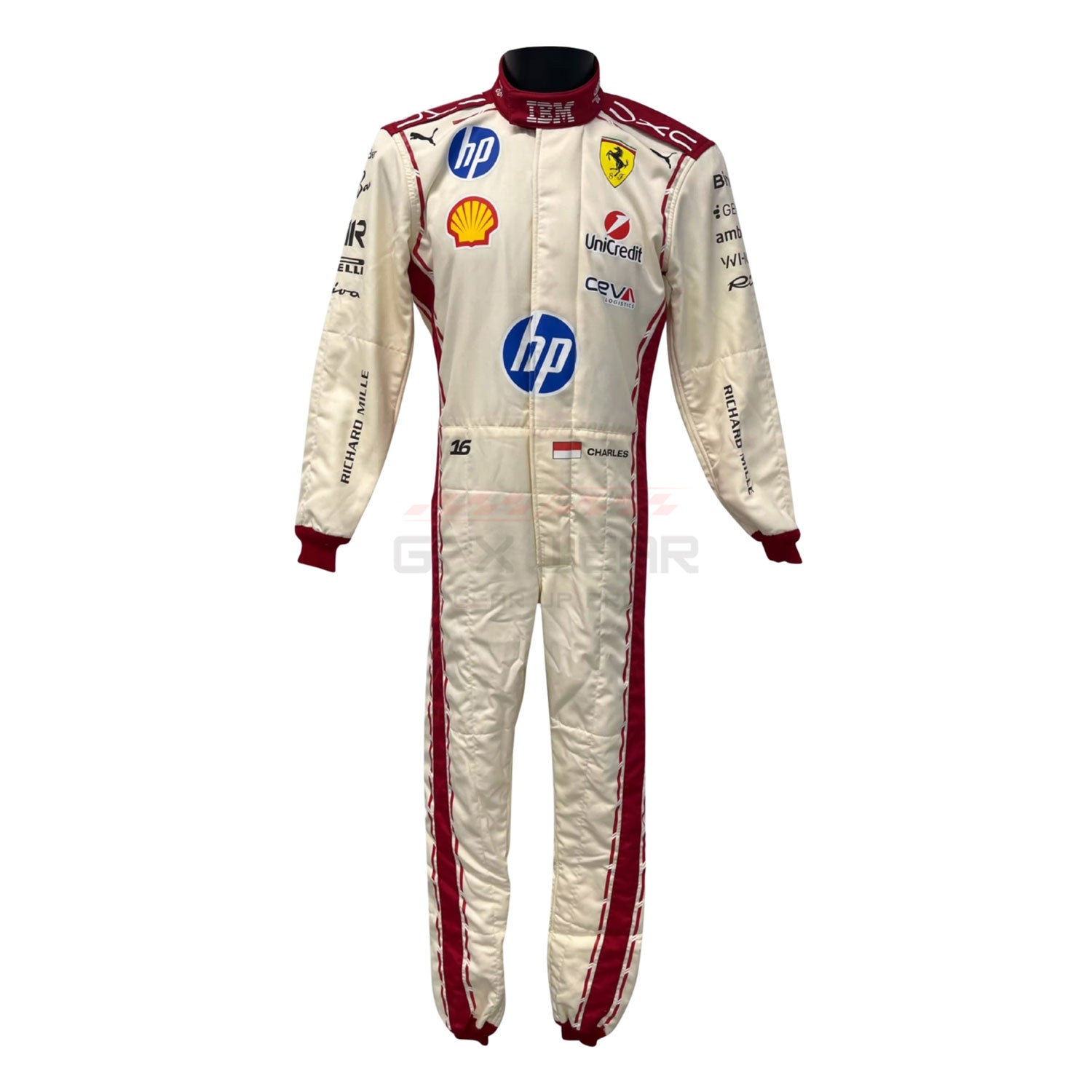 White Charles Leclerc 2026 Monaco GP Ferrari F1 racing suit with various sponsor logos - GPX WEAR