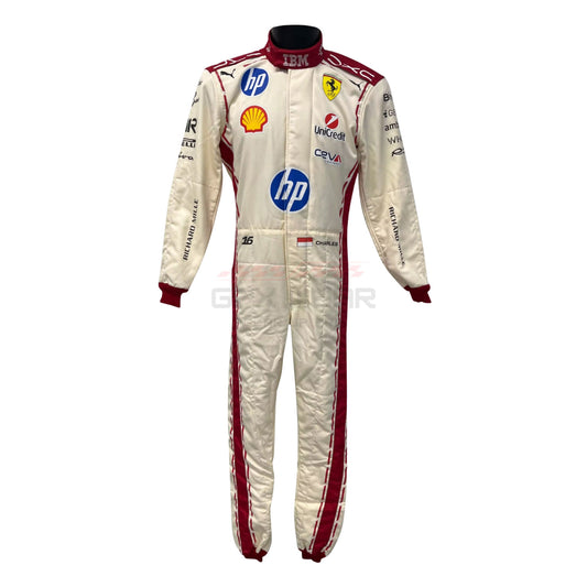 White Charles Leclerc 2026 Monaco GP Ferrari F1 racing suit with various sponsor logos - GPX WEAR