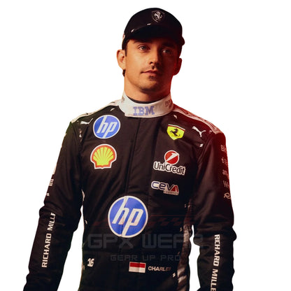Black Charles Leclerc 2026 Singapore GP Ferrari F1 racing suit with various sponsor logos - GPX WEAR