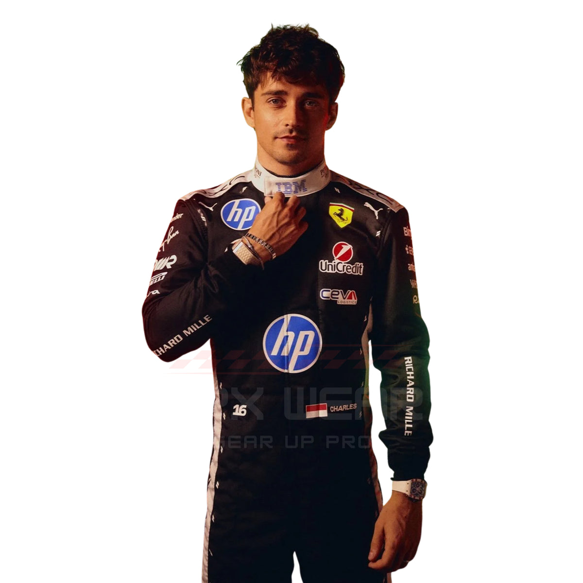 Black Charles Leclerc 2026 Singapore GP Ferrari F1 racing suit with various sponsor logos - GPX WEAR