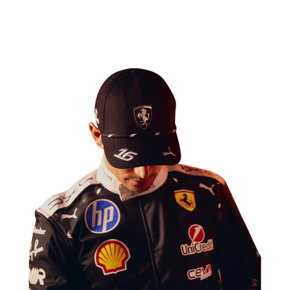 Black Charles Leclerc 2026 Singapore GP Ferrari F1 racing suit with various sponsor logos - GPX WEAR