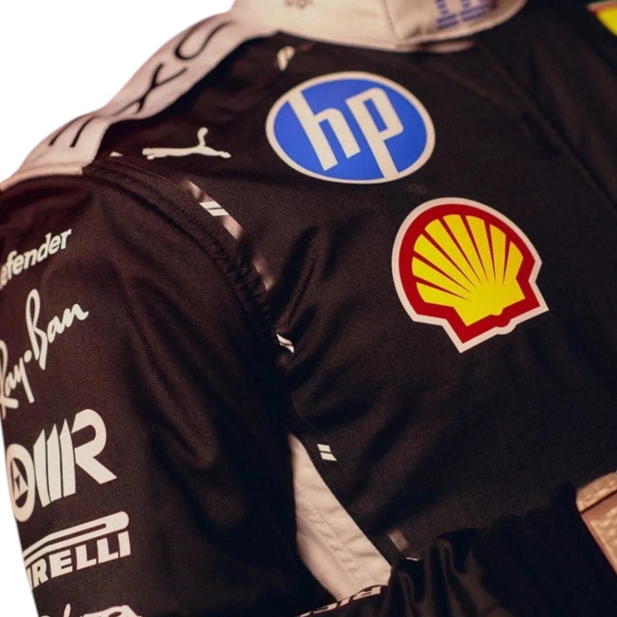 Black Charles Leclerc 2026 Singapore GP Ferrari F1 racing suit with various sponsor logos - GPX WEAR
