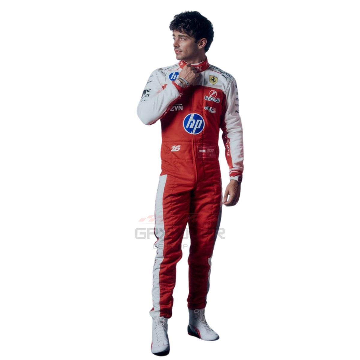Charles Leclerc 2026 USGP Ferrari F1 racing suit with various sponsor logos - GPX WEAR