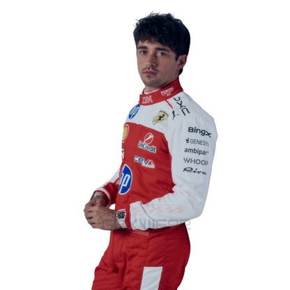 Charles Leclerc 2026 USGP Ferrari F1 racing suit with various sponsor logos - GPX WEAR