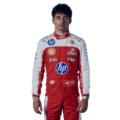 Charles Leclerc 2026 USGP Ferrari F1 racing suit with various sponsor logos - GPX WEAR