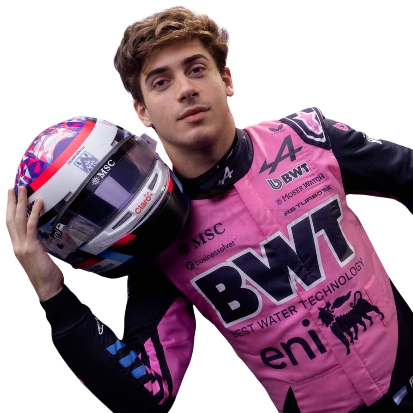 Closeup of 2026 Franco Colapinto F1 Racing Suit 