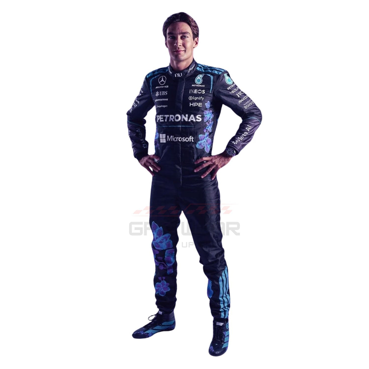 A George-Russell modeling a purple Mercedes racing suit with white sponsor logos, paired with bright racing shoes, against a plain white background.