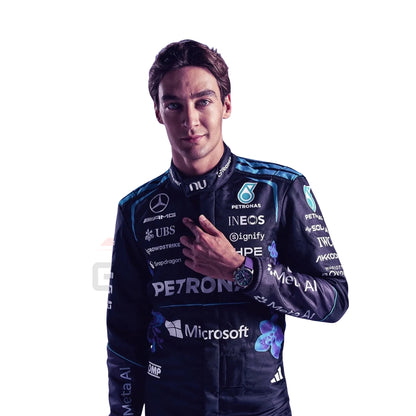 A George-Russell modeling a purple Mercedes racing suit with white sponsor logos, paired with bright racing shoes, against a plain white background.