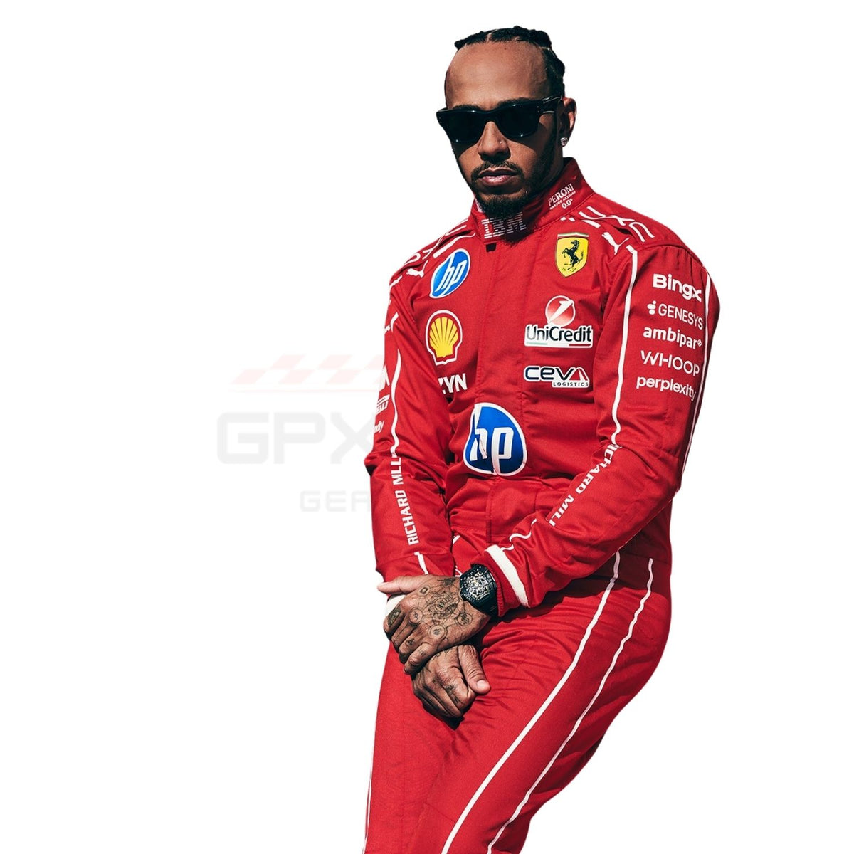 A Lewis Hamilton wearing a red Ferrari racing suit with sponsor logos, black sunglasses, and a watch, posed against a plain white background.