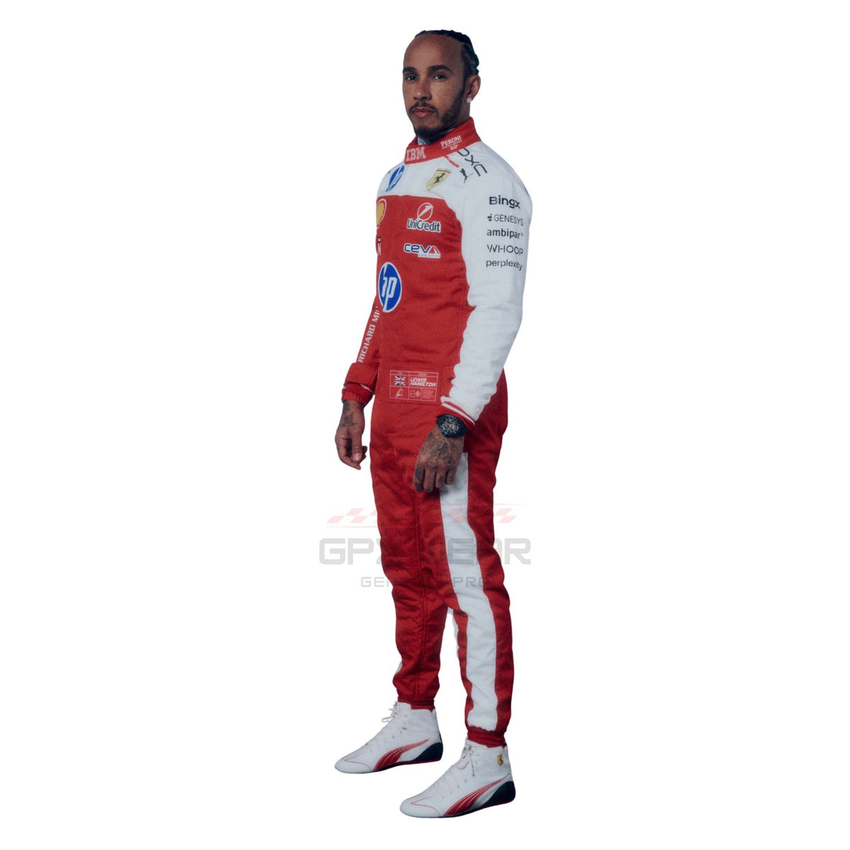 Lewis Hamilton 2026 USGP Ferrari F1 racing suit with various sponsor logos - GPX WEAR