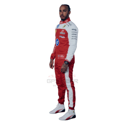 Lewis Hamilton 2026 USGP Ferrari F1 racing suit with various sponsor logos - GPX WEAR