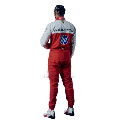 Lewis Hamilton 2026 USGP Ferrari F1 racing suit with various sponsor logos - GPX WEAR