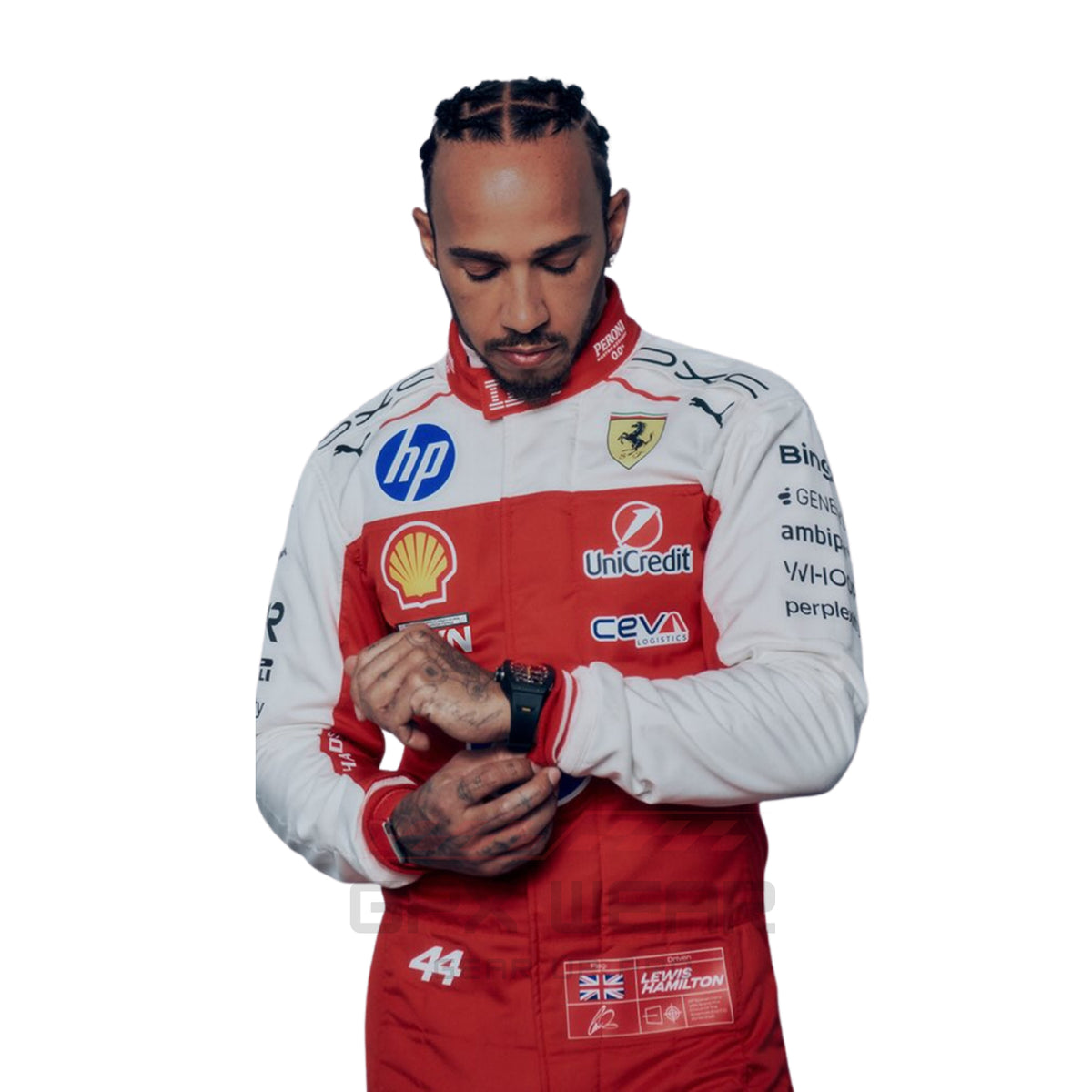Lewis Hamilton 2026 USGP Ferrari F1 racing suit with various sponsor logos - GPX WEAR
