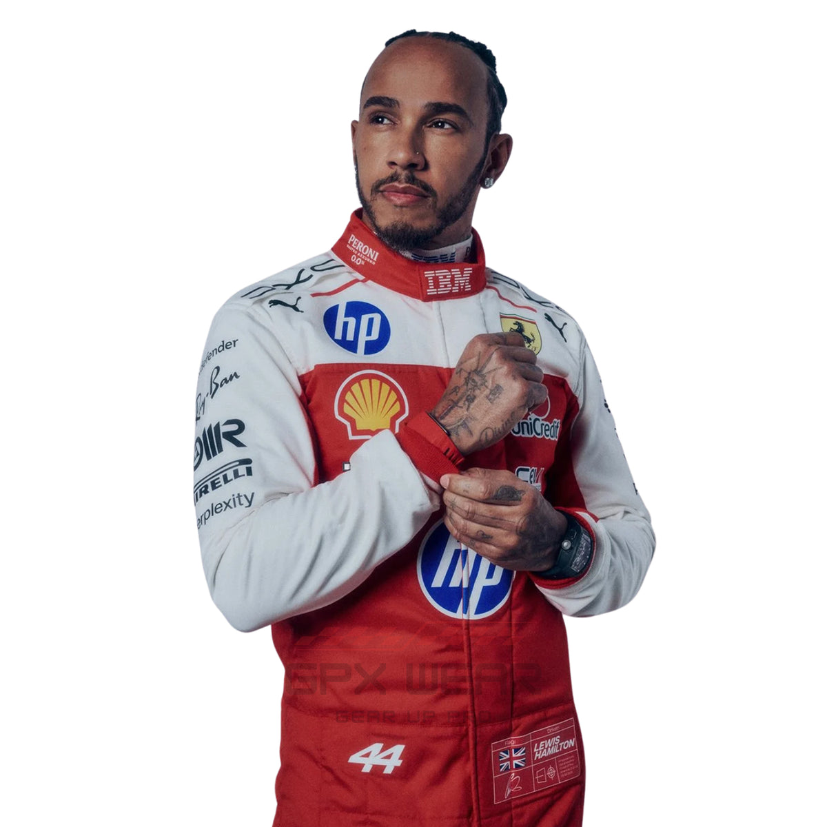 Lewis Hamilton 2026 USGP Ferrari F1 racing suit with various sponsor logos - GPX WEAR