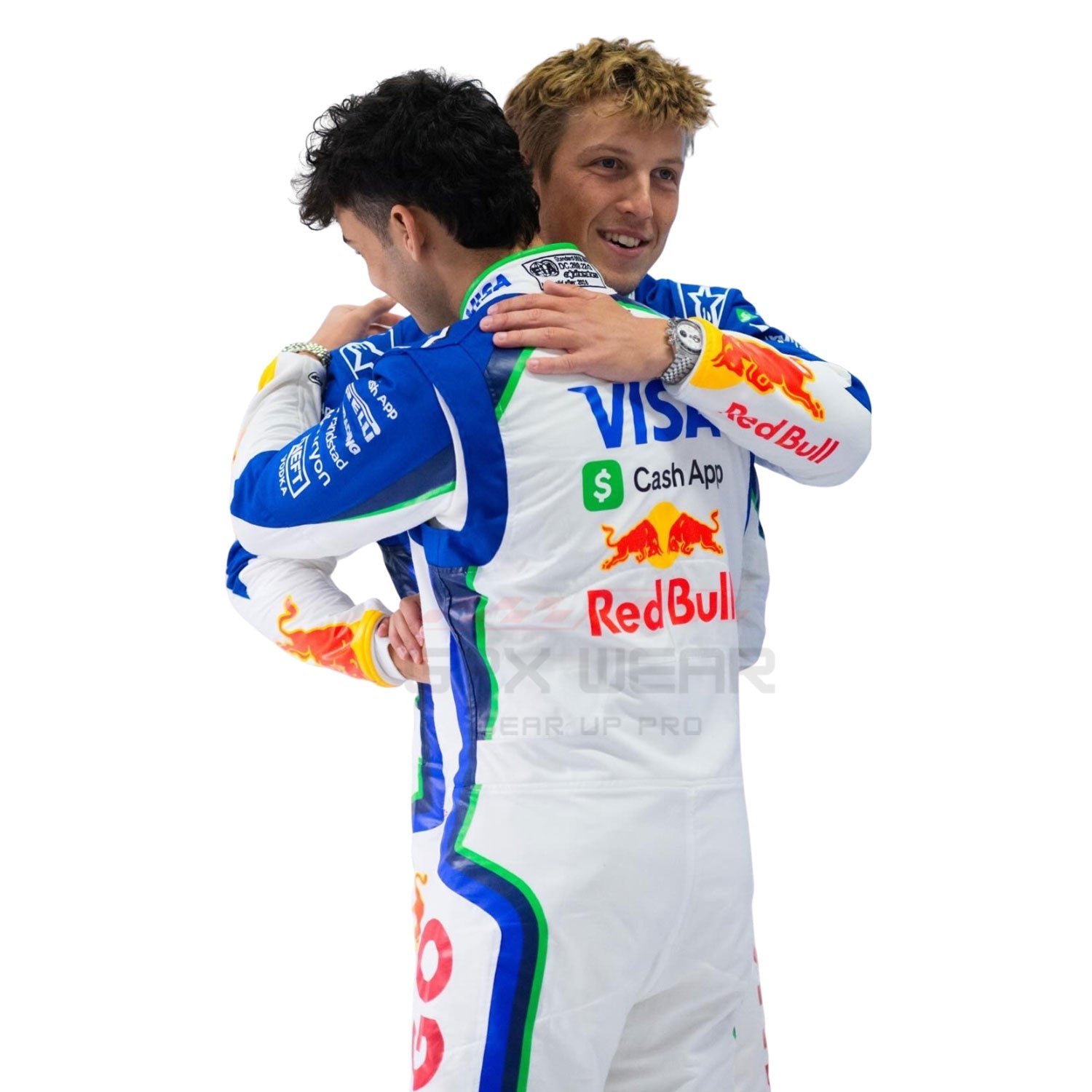 Liam and Lindbad individuals in racing suits hugging each other on a white background
