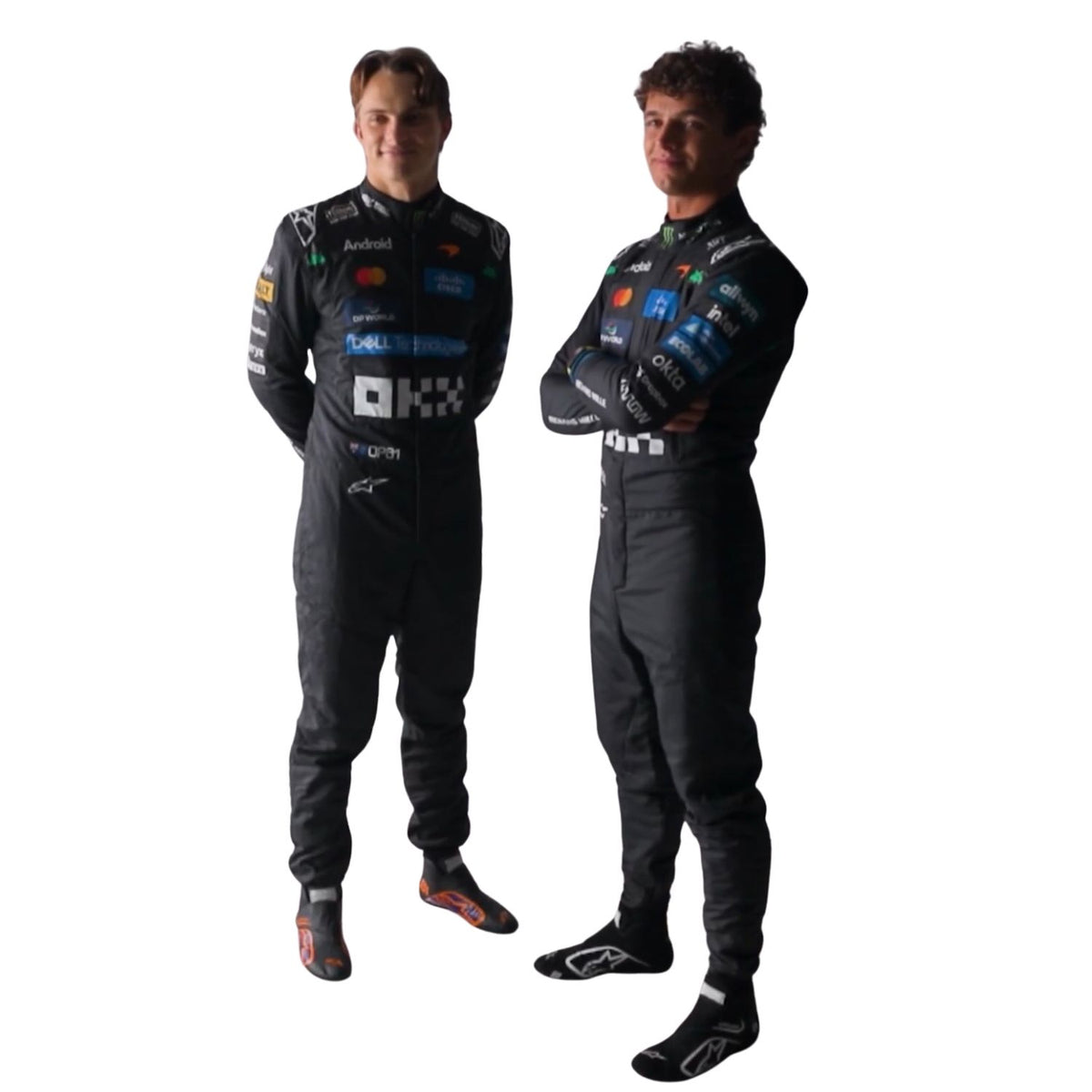 Lando norris & Oscar piastri in black Alpinestars team suits with sponsor logos, standing and shaking hands against a white background.