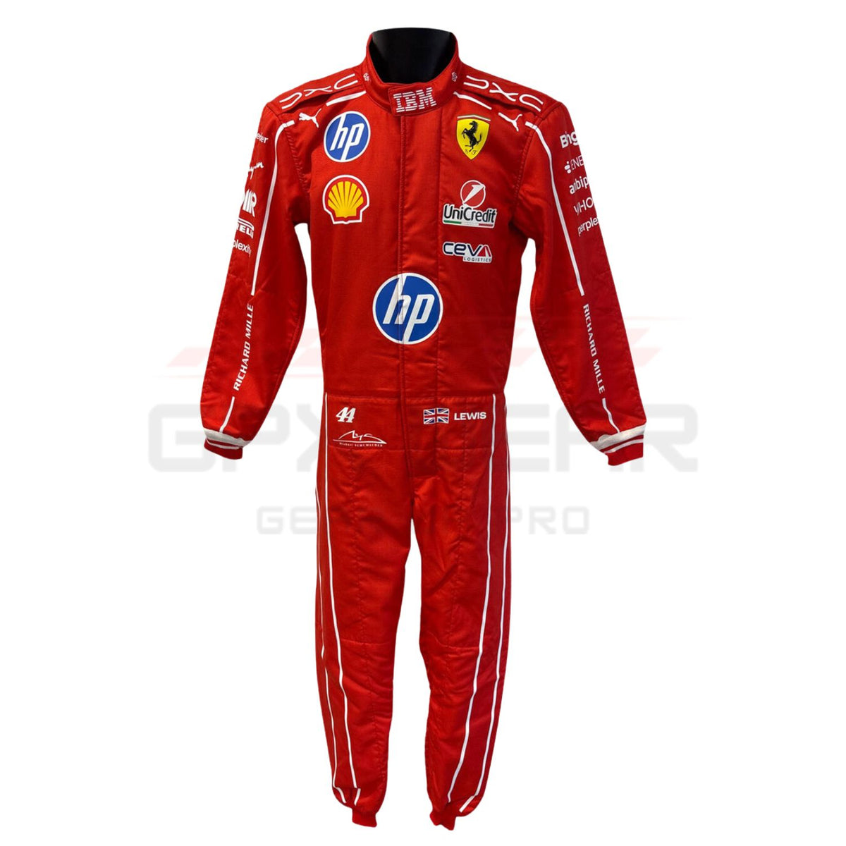 A red Scuderia Ferrari racing suit with white piping and various sponsor logos including HP, Shell, and Lenovo, shown on a white background.