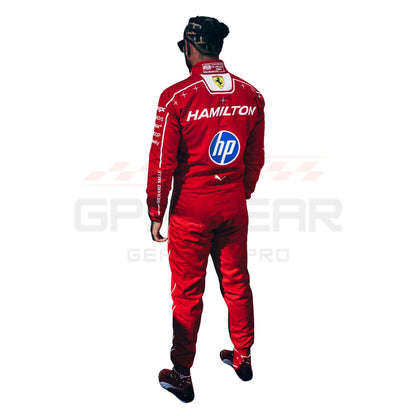 A Lewis Hamilton viewed from behind wearing a red Ferrari racing suit with 'HAMILTON' and 'hp' logos, on a plain white background.