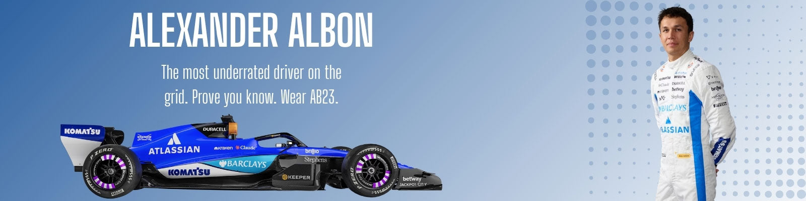 F1 car and driver in racing suit with promotional text on a blue background - GPX Wear